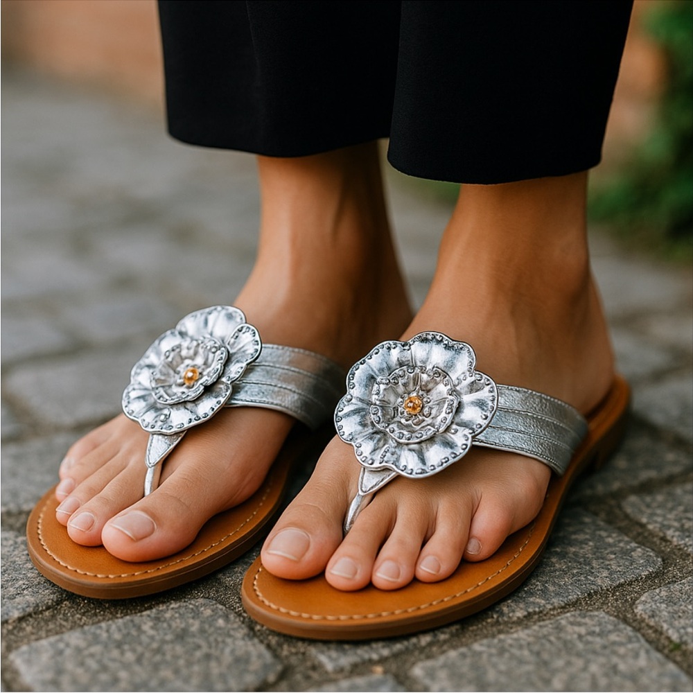 CA collection by Carrini cute silver thong sandals with cute silver flower on it
